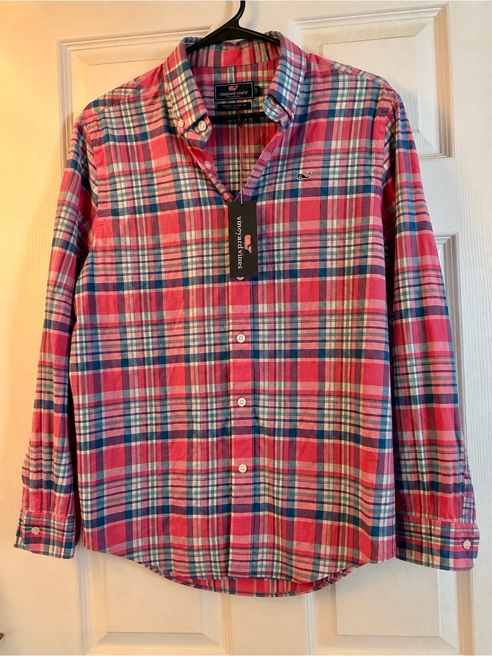 Boys Vineyard Vines Pink and Blue Plaid Whale Shirt Size M 12-14